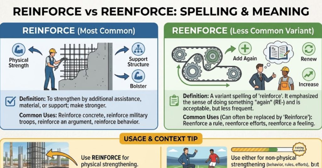 Reinforce vs Reenforce: Meaning, Difference & Usage Guide