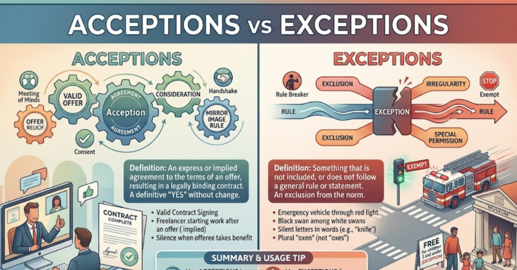 Acceptions vs Exceptions: Meaning and Key Differences